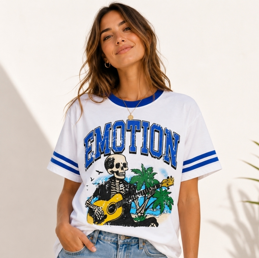 Mixed Emotion "Guitar" Cropped Cotton Tee in white and blue